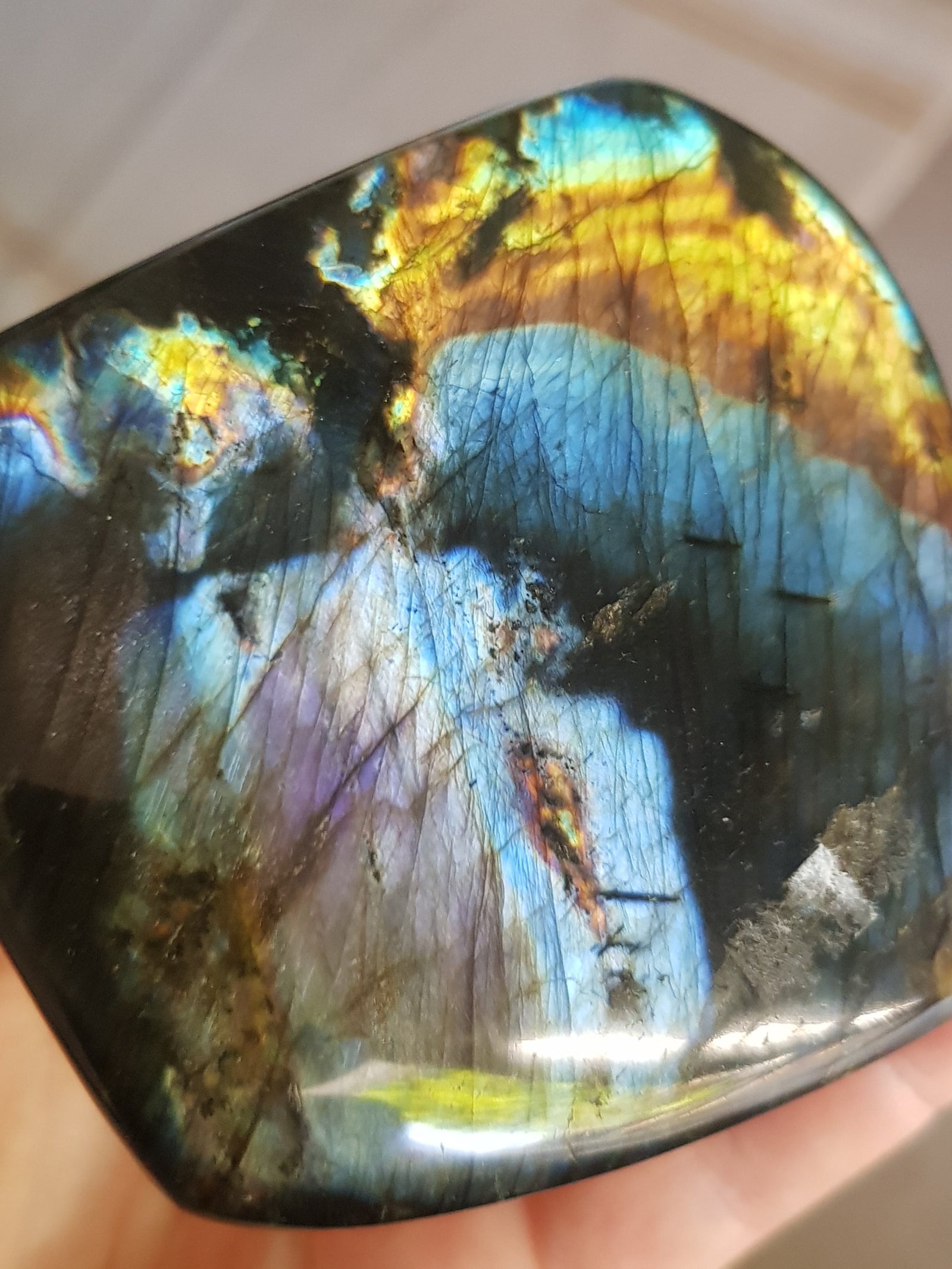 labradorite freeform showing purple, orange and blue flash