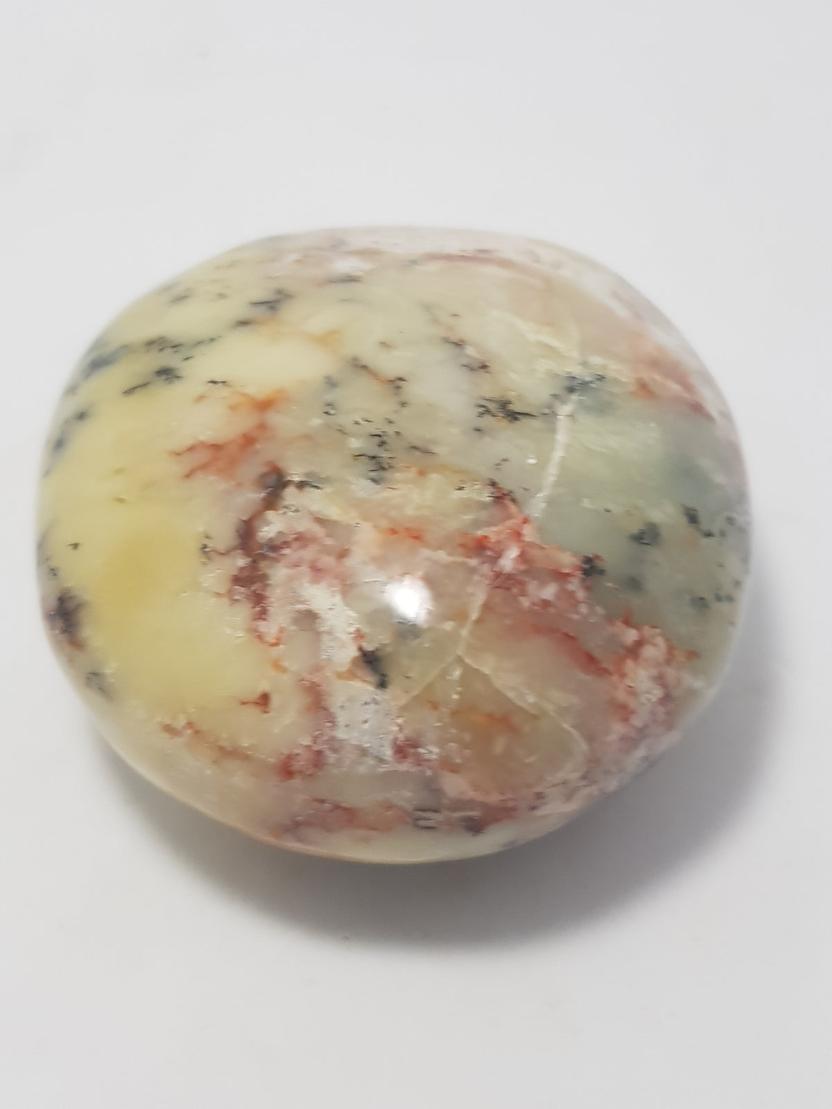 A polished pebble of light green opal. The opal contains black dendrites of psilomane as well as bands of an orange iron rich mineral