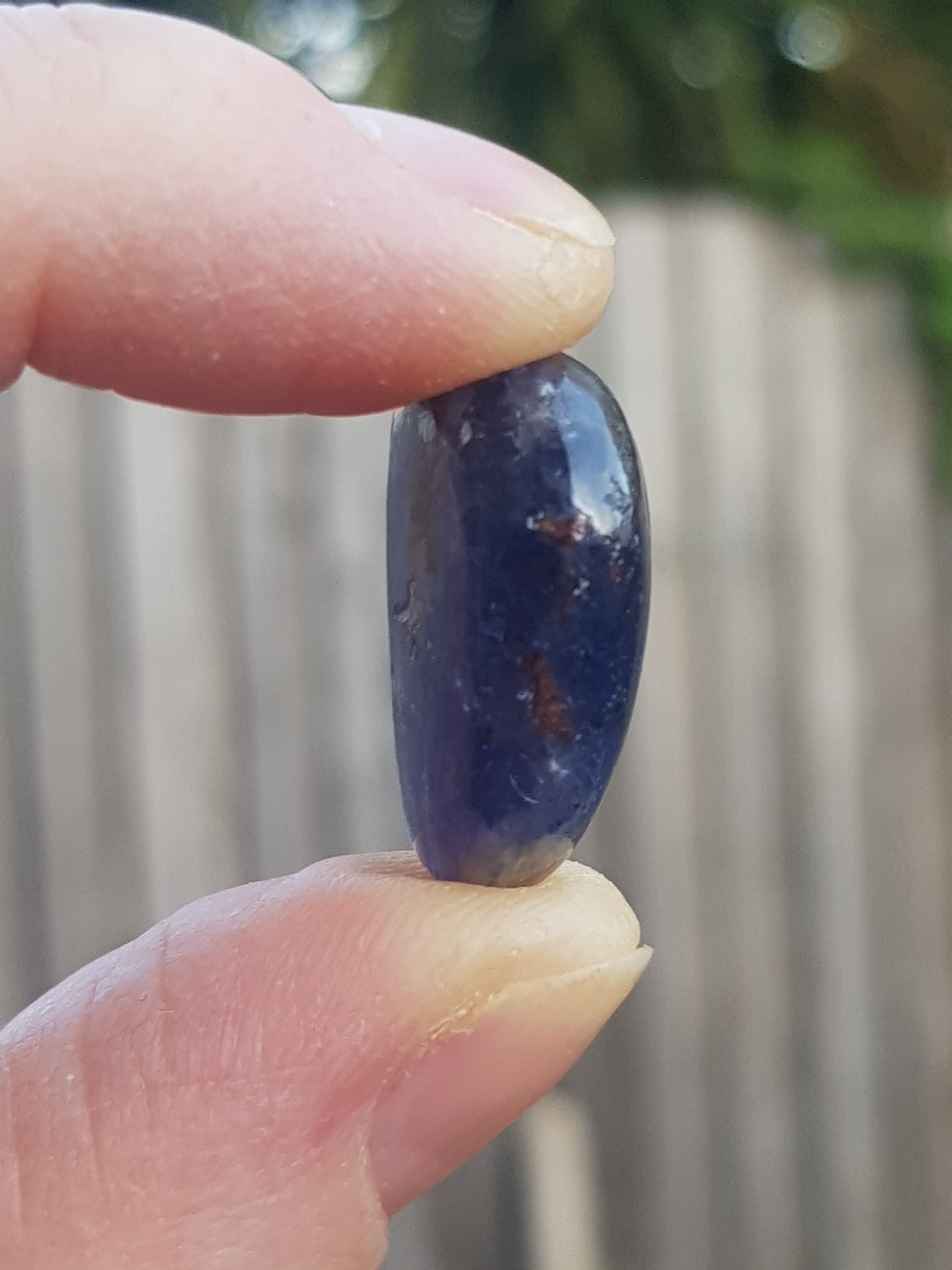 A small polished sample of translucent Iolite which is held to the light between two fingers. It is dark blue. It has inclusions of a yellow mineral