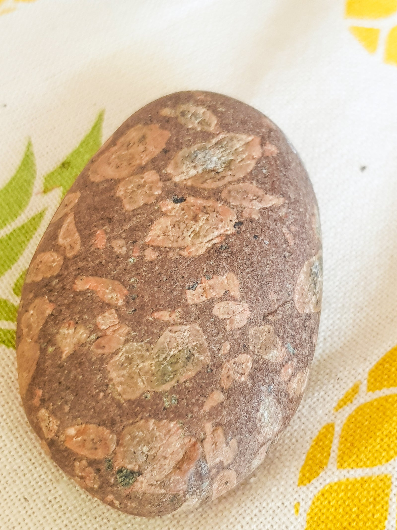 Rhombic porphyry pebble. Diamonds and lathes of a salmon pink mineral in a brown red matrix