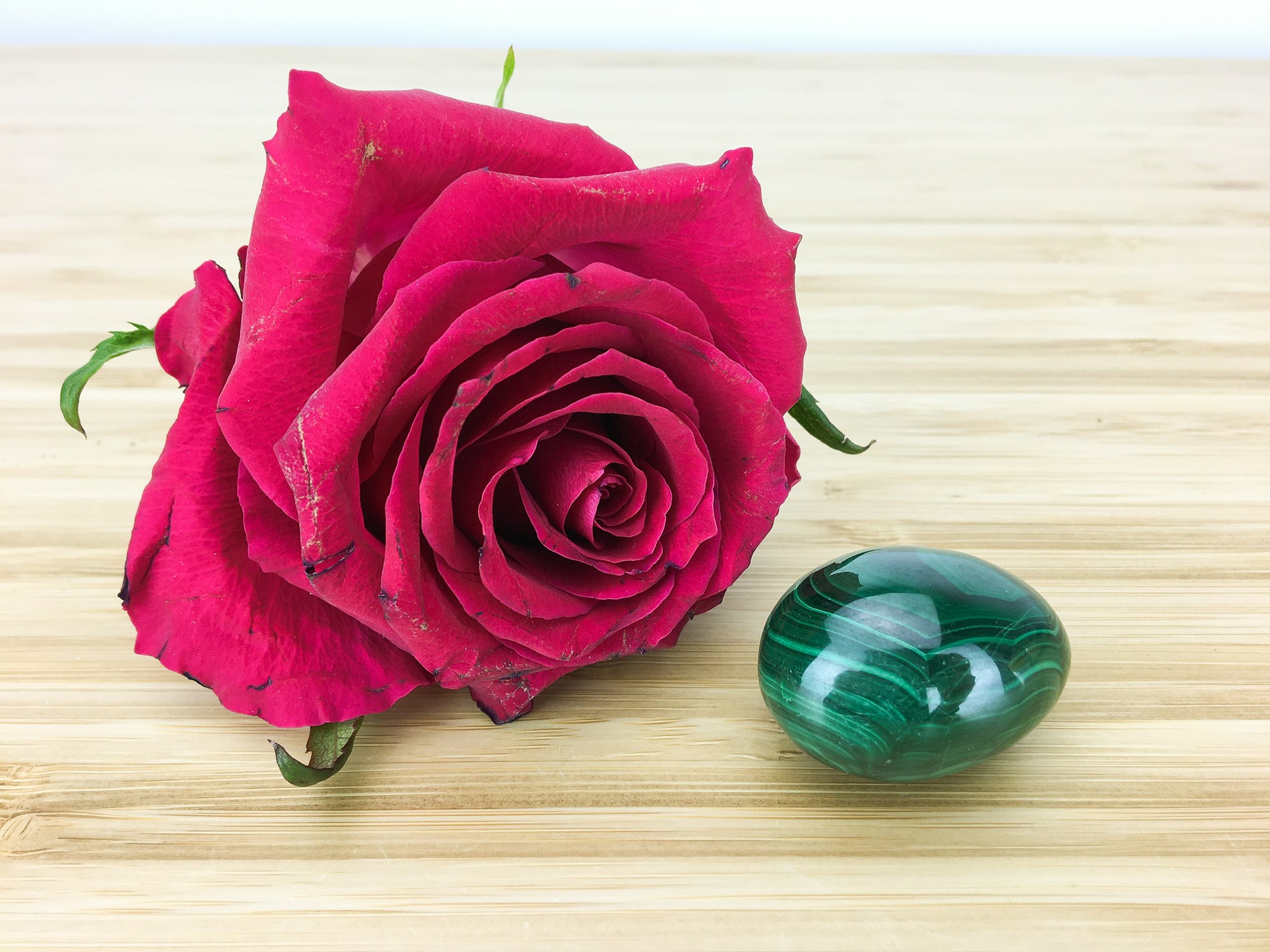 malachite egg next to a red rose for scale
