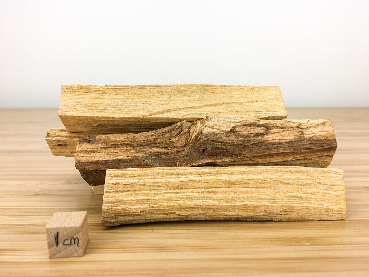 A pile of sticks of palo Santo (a naturally  aromatic wood). This stack of sticks is next to a 1cm cube for scale. The sticks are about 5cm long