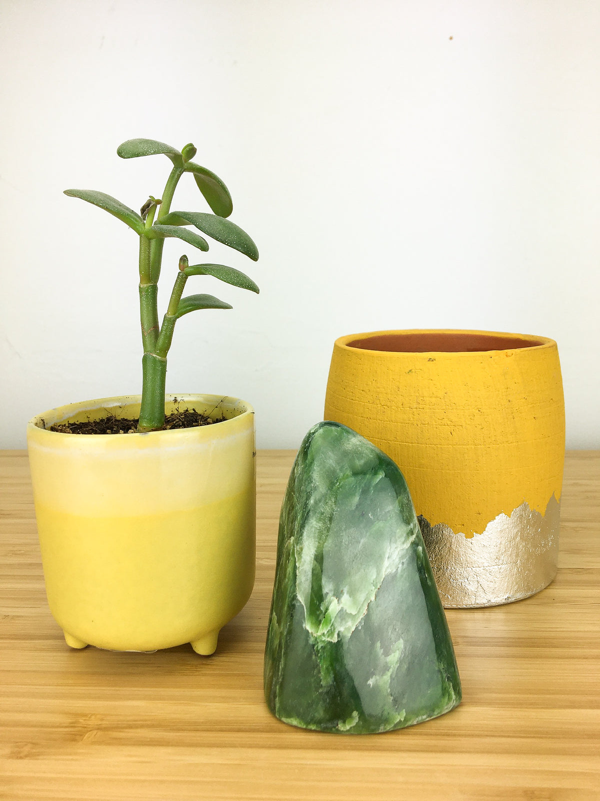 A nephrite jade freeform which is displayed next to a pot plant for scale
