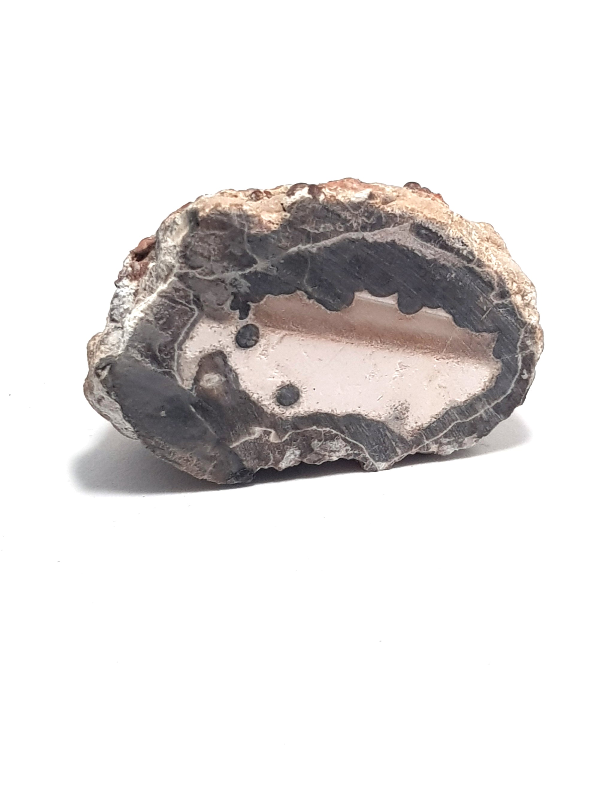 an agate geode cut open to show the pattern inside. The inside consists of a think brown rim, the interior is light pink with a darker pink band in the middle