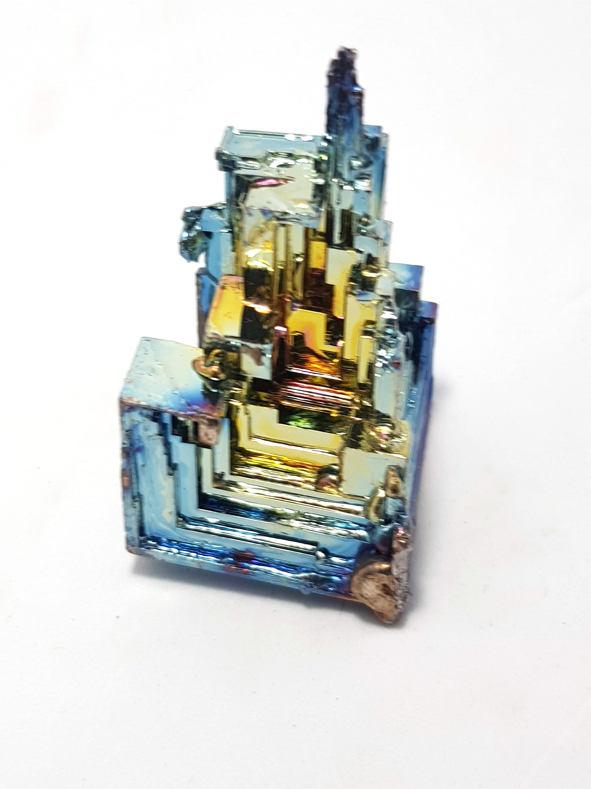 bismuth crystal. This shows the crystal's skeletal form it is very iridescent