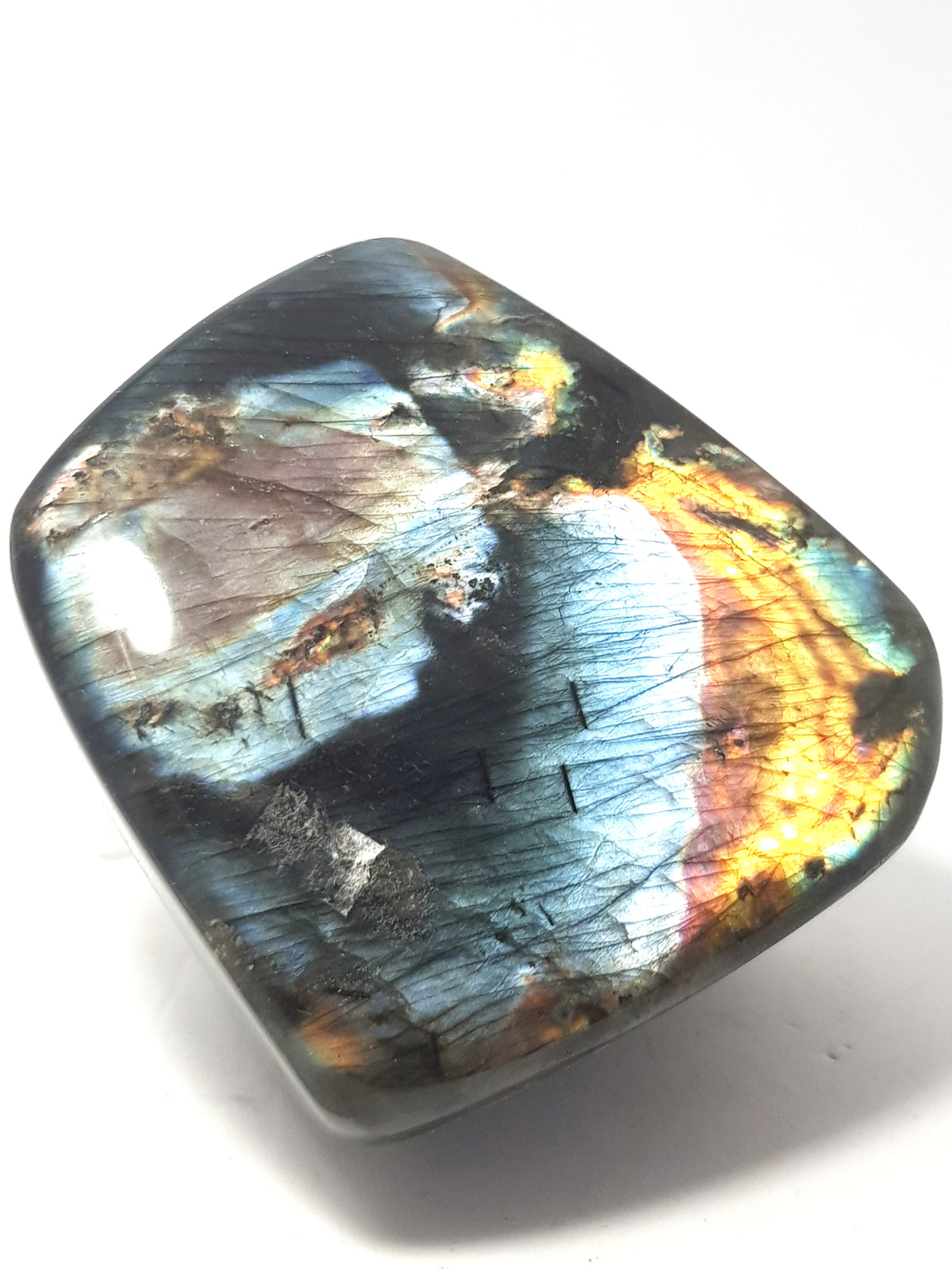 polished labradorite. several visible large crystals.. Golden and red and blue in the  right hand corner, the left hand side of the oiece is blue with a purple flash