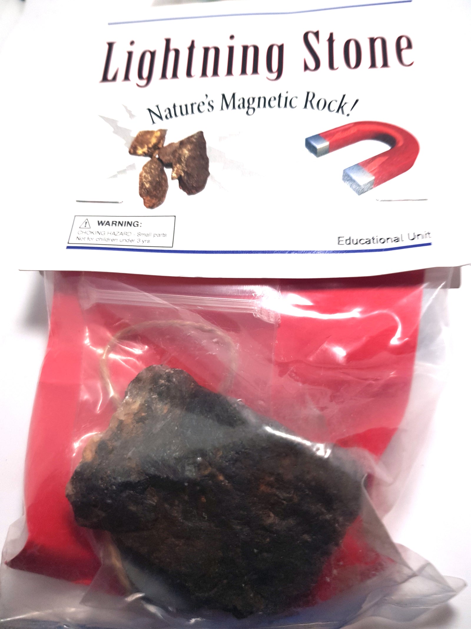this product is prepackaged. The label says "Lightning Stone -- nature's magnetic rock). The bag contains a large sample of magnetite, as well as some string and a magnet.