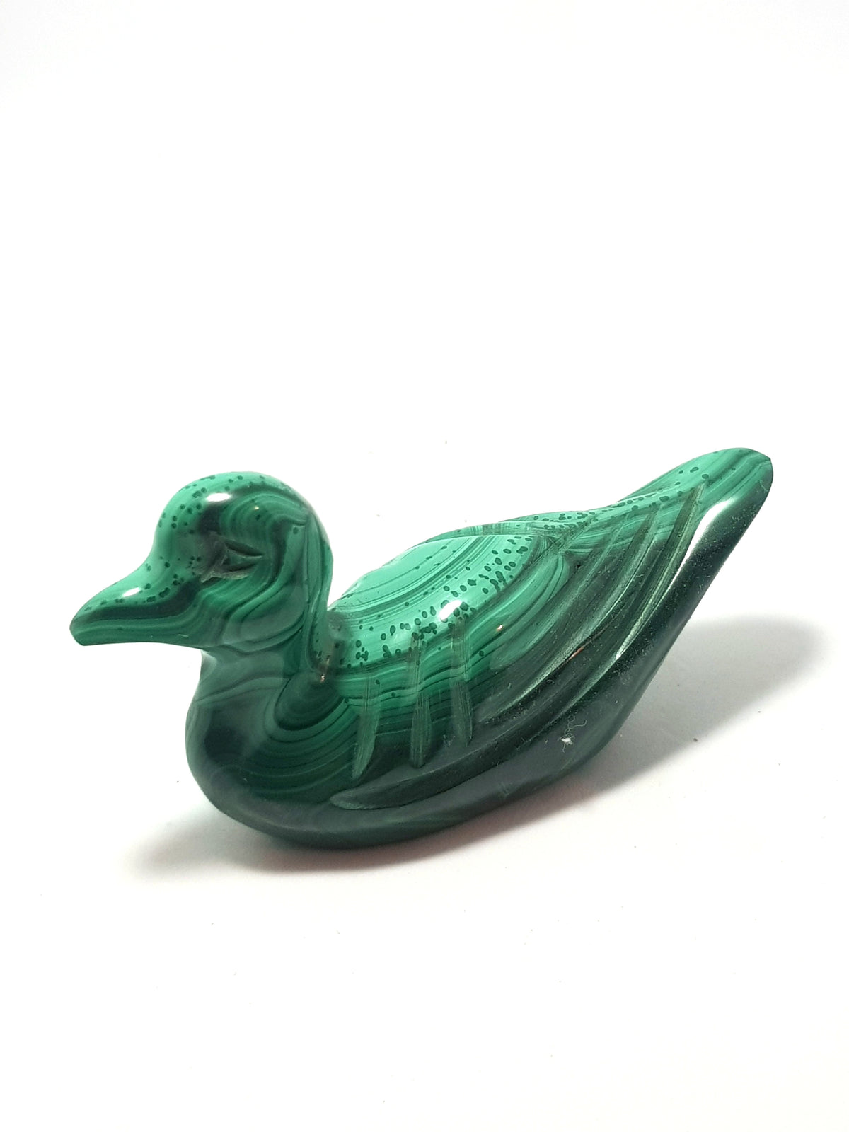 carved duck miniature. Carved from malachite. Dark to light green banded.