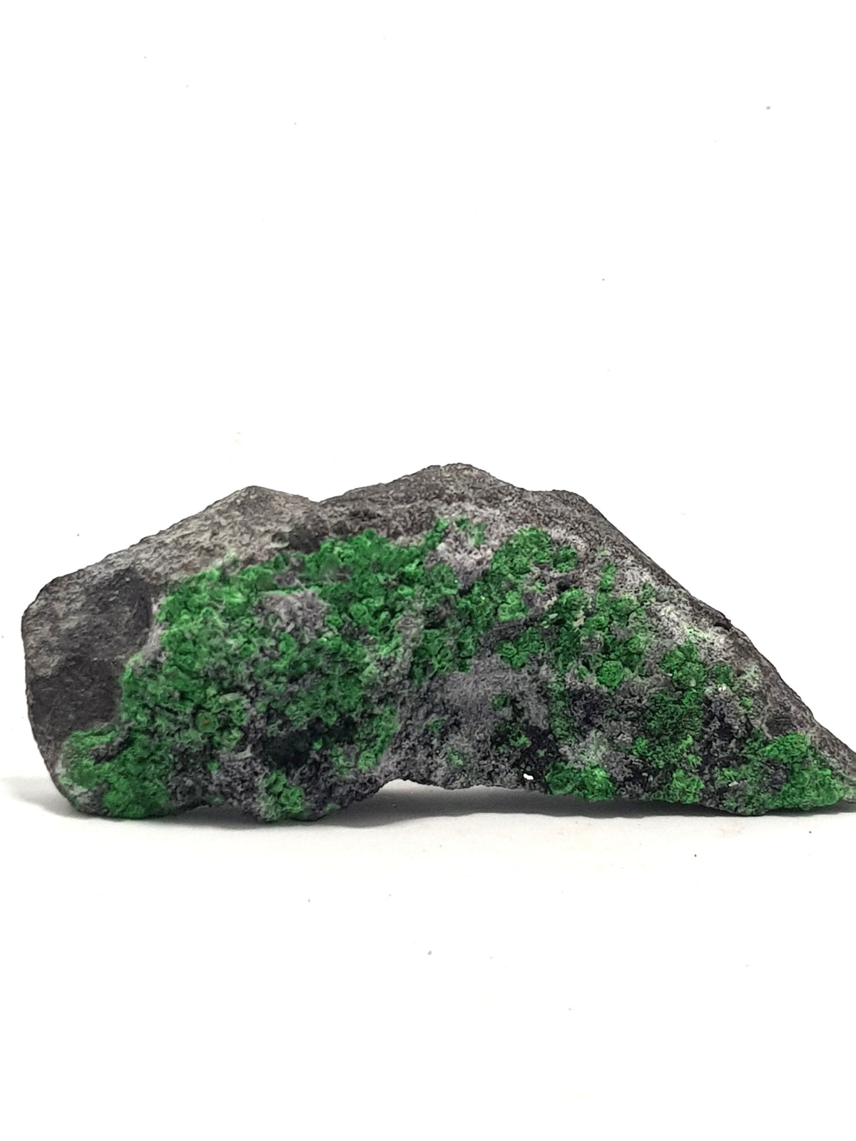 green uvarovite crystals on a dark grey matrix